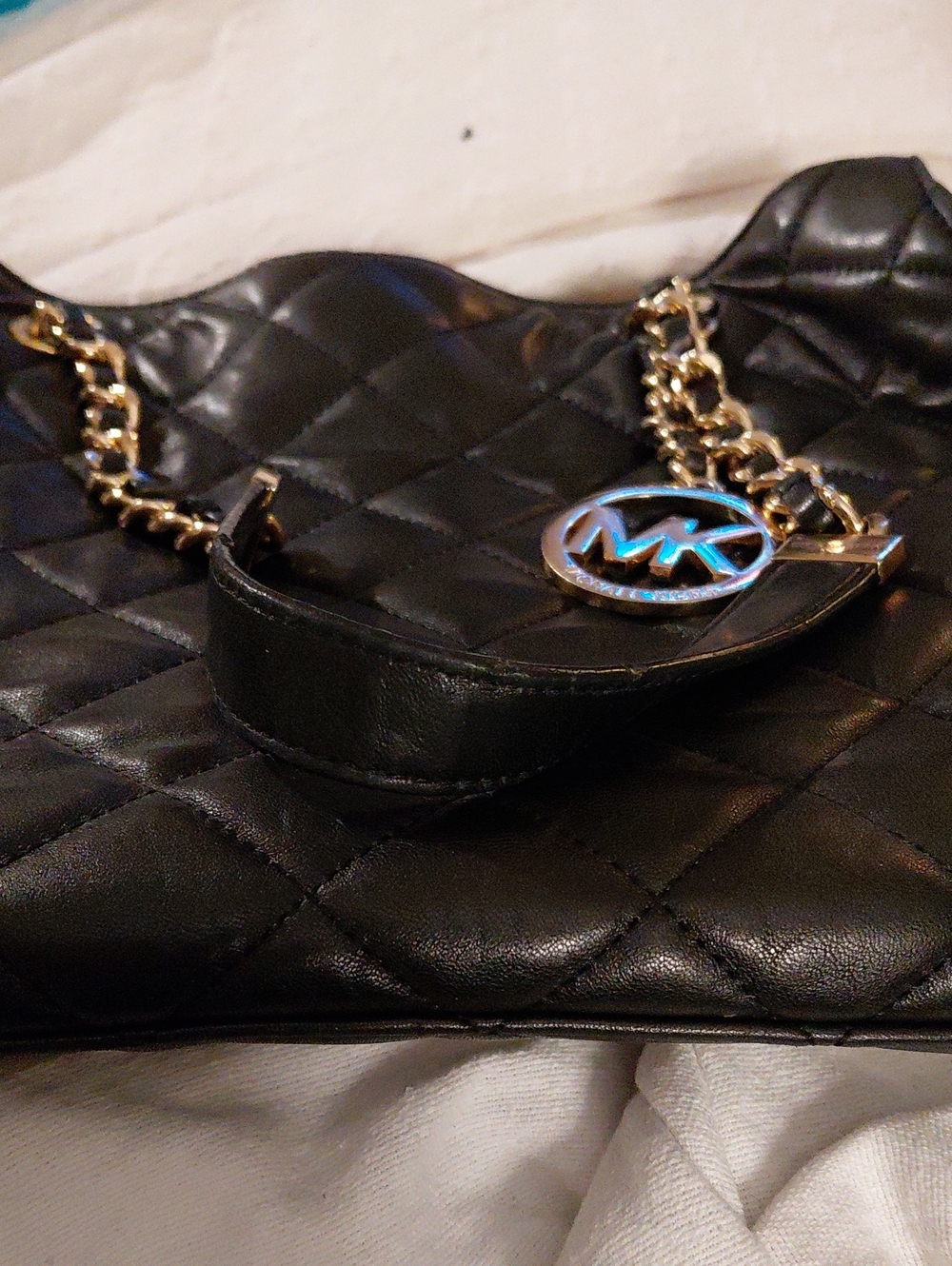 Michael Kors Black Quilted Leather Shoulder Bag with Gold Hardware and MK Charm